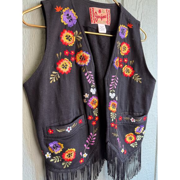 Vintage Joujou Black Floral Fringe Embroidered Vest, Size Small - Picture 2 of 4